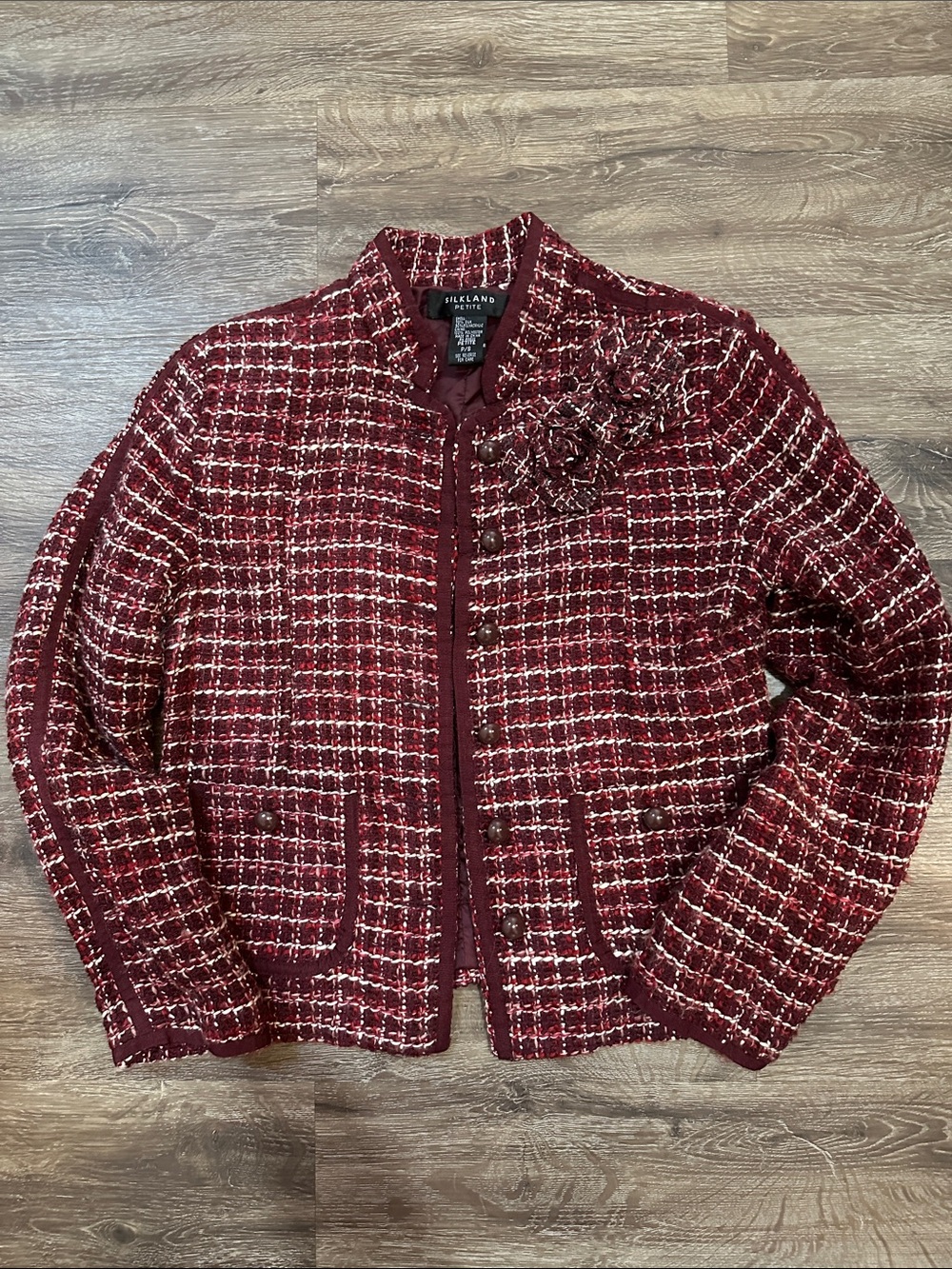 SilkLand Women's Burgundy Tweed Bouclé Jacket with Decorative Buttons